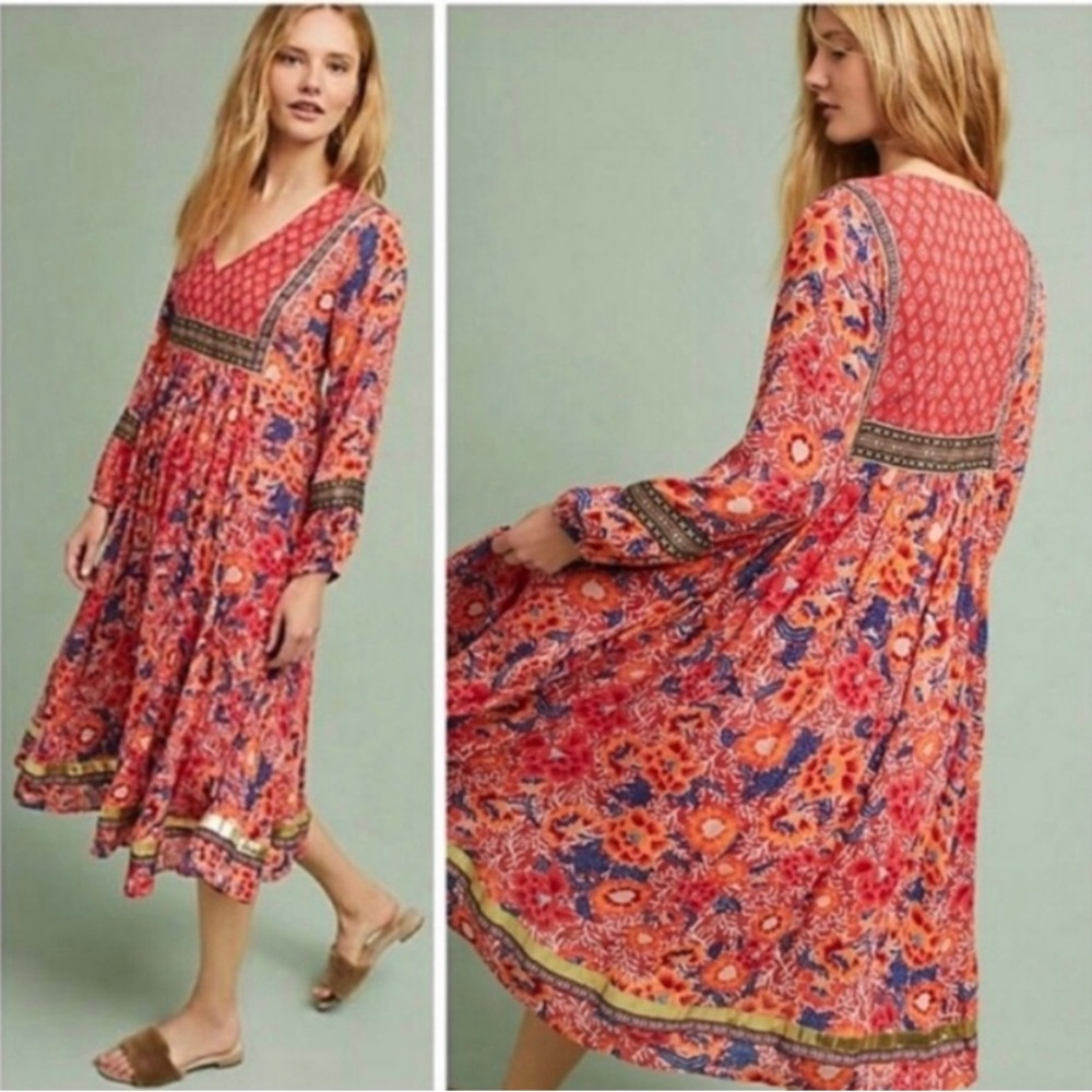 Anthropologie RD and Koko Trimmed Peasant Floral Maxi Dress